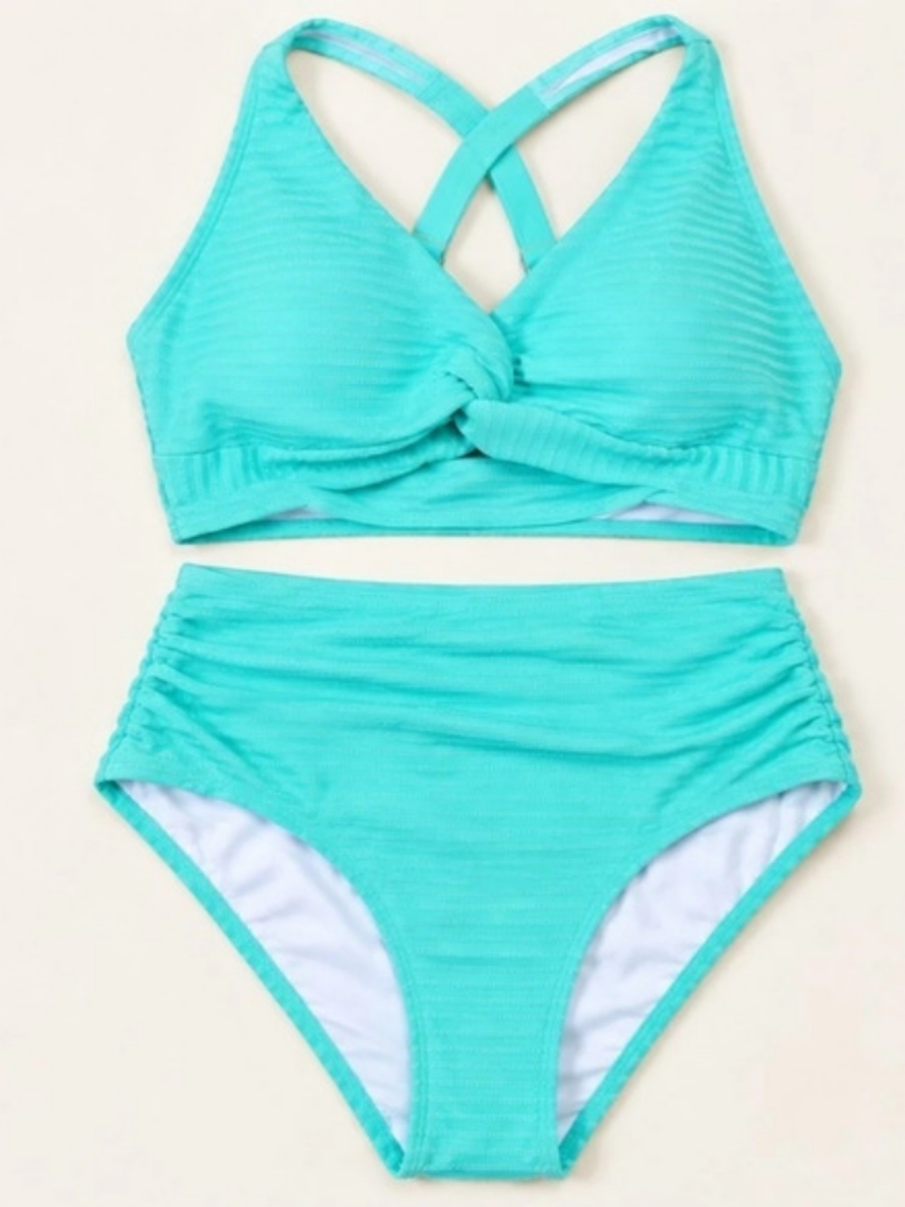 SHEIN Rib Twist High Waisted Bikini Set Turquoise XL